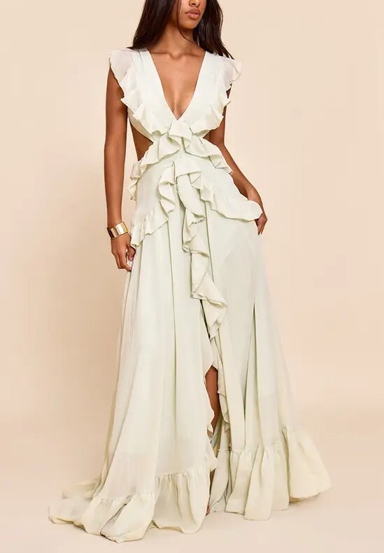 Soft Sage淺鼠尾草綠色露背荷葉開叉Maxi Dress