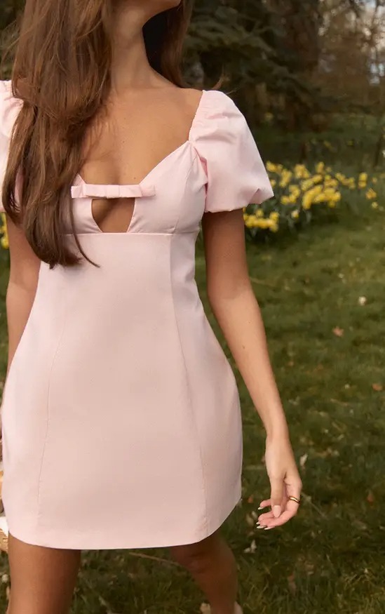 Baby Pink淺粉紅色蝴蝶結泡袖Mini Dress