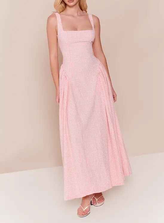 Baby Pink粉紅色格紋方領馬甲Maxi Dress