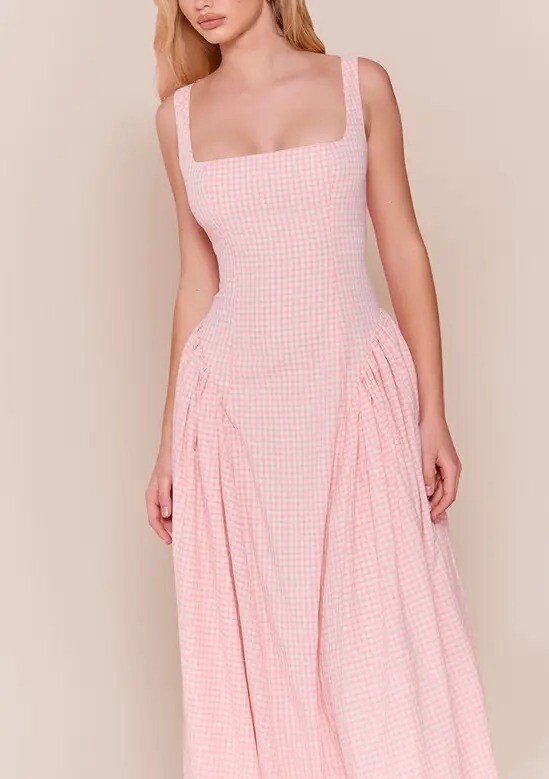 Baby Pink粉紅色格紋方領馬甲Maxi Dress