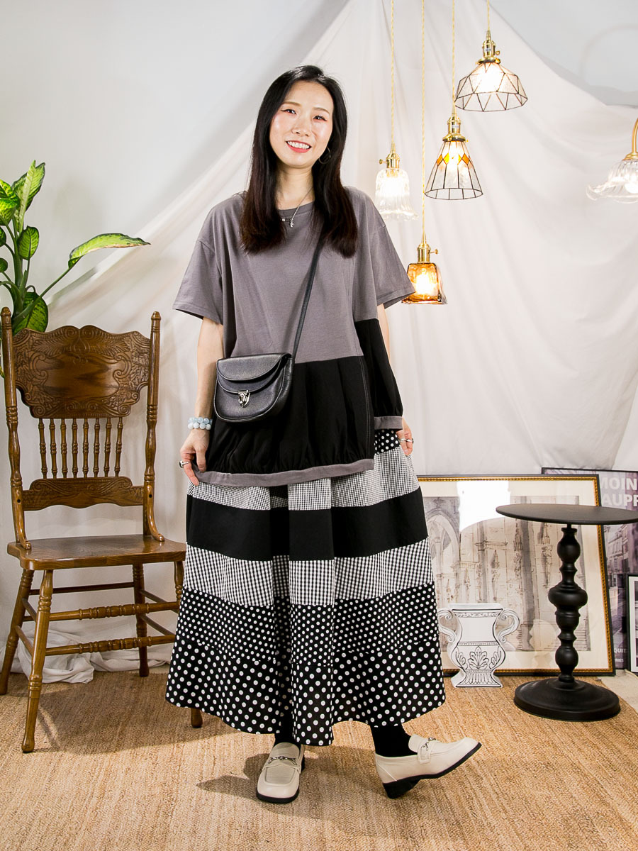【22/5-25/5限時優惠】DOUBLE LAYER．下擺打摺恤衫料．拼色COTTON料TOP＋橡根腰．格仔 拼 點點恤衫料半截裙 (有袋) (SET)