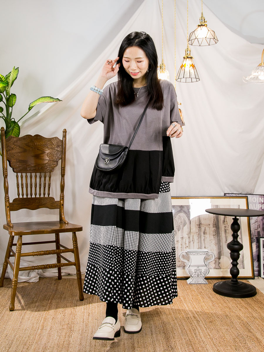 【22/5-25/5限時優惠】DOUBLE LAYER．下擺打摺恤衫料．拼色COTTON料TOP＋橡根腰．格仔 拼 點點恤衫料半截裙 (有袋) (SET)