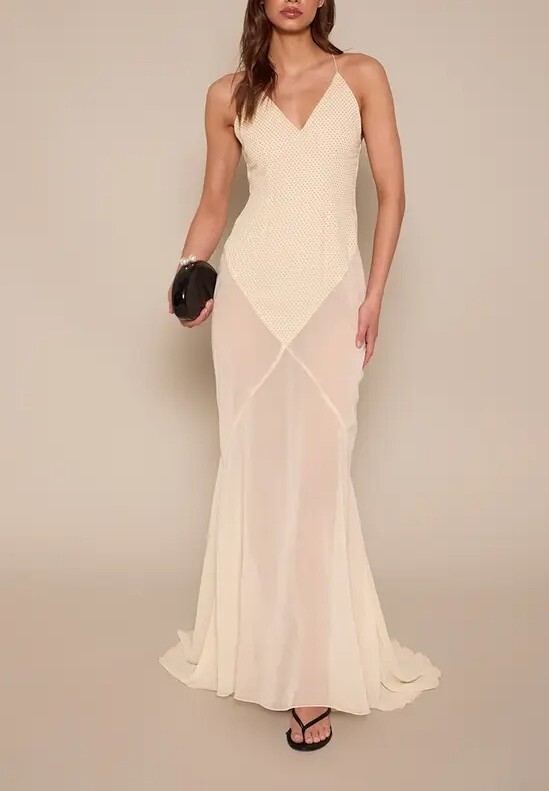 Champagna香檳色雪紡紗點點網紗拼接Dress
