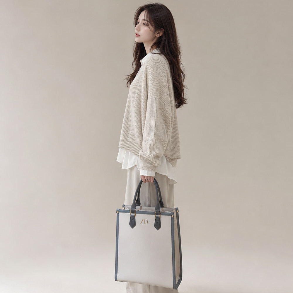ANNA DOLLY法系滾邊撞色3WAY手提包-大 灰藍