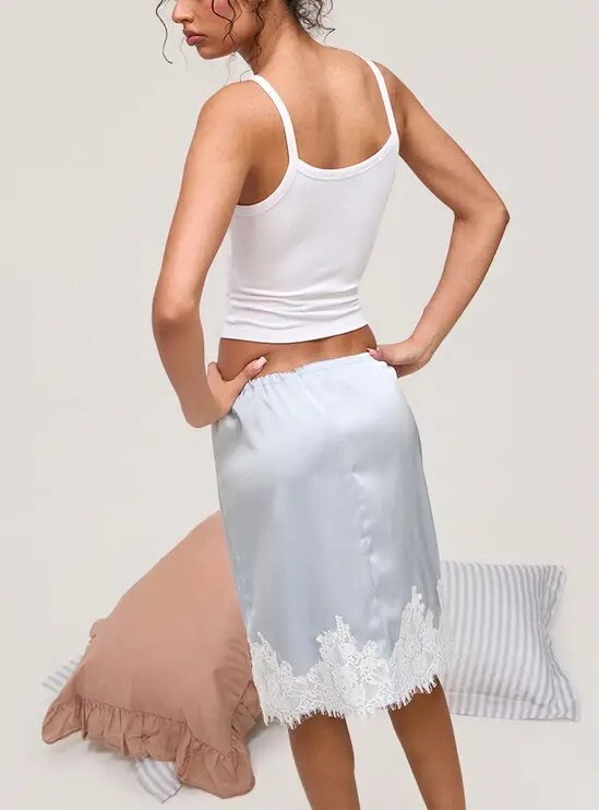 Satin Love水藍色緞面綁帶蕾絲Midi Skirt
