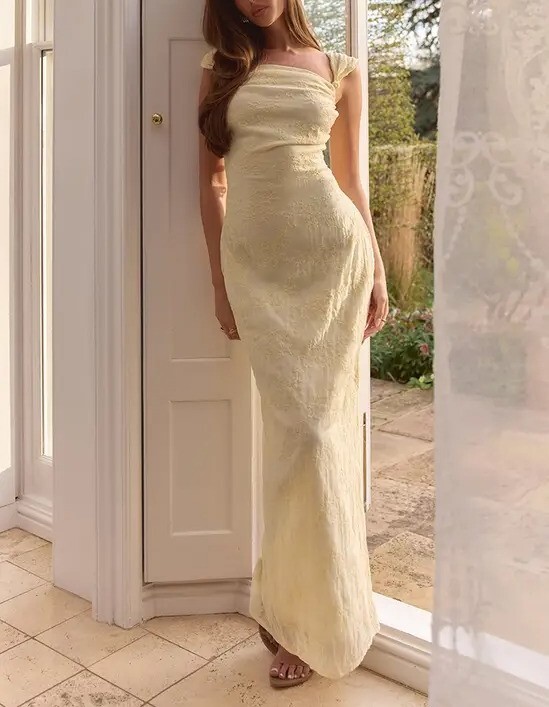 Lux Floral檸檬黃色刺繡小花扭結方領Maxi Dress