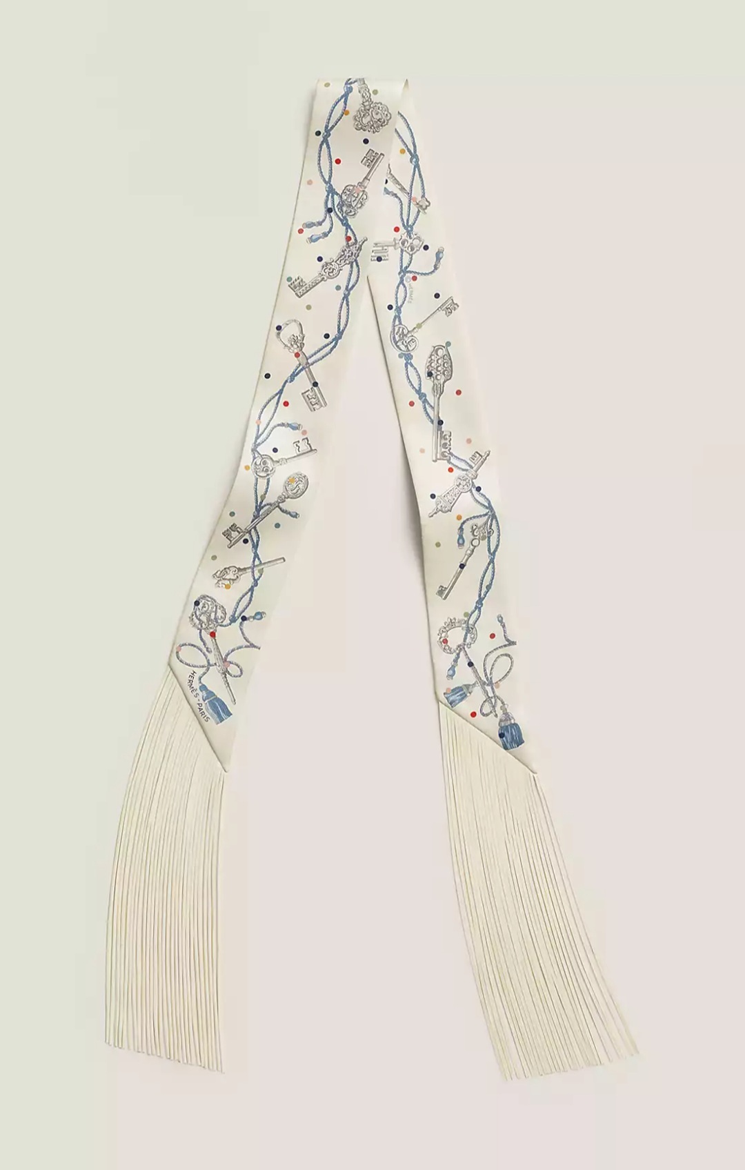 HERMES LES CLES A POIS LEATHER FRINGES TWILLY Crème / Gris Perle /Multicolor