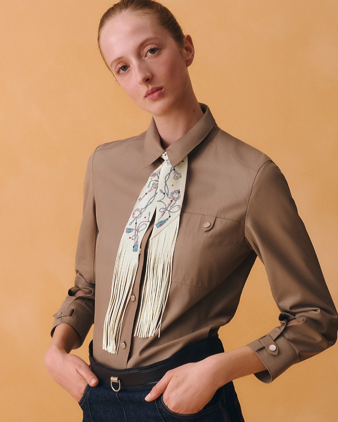 HERMES LES CLES A POIS LEATHER FRINGES TWILLY Crème / Gris Perle /Multicolor