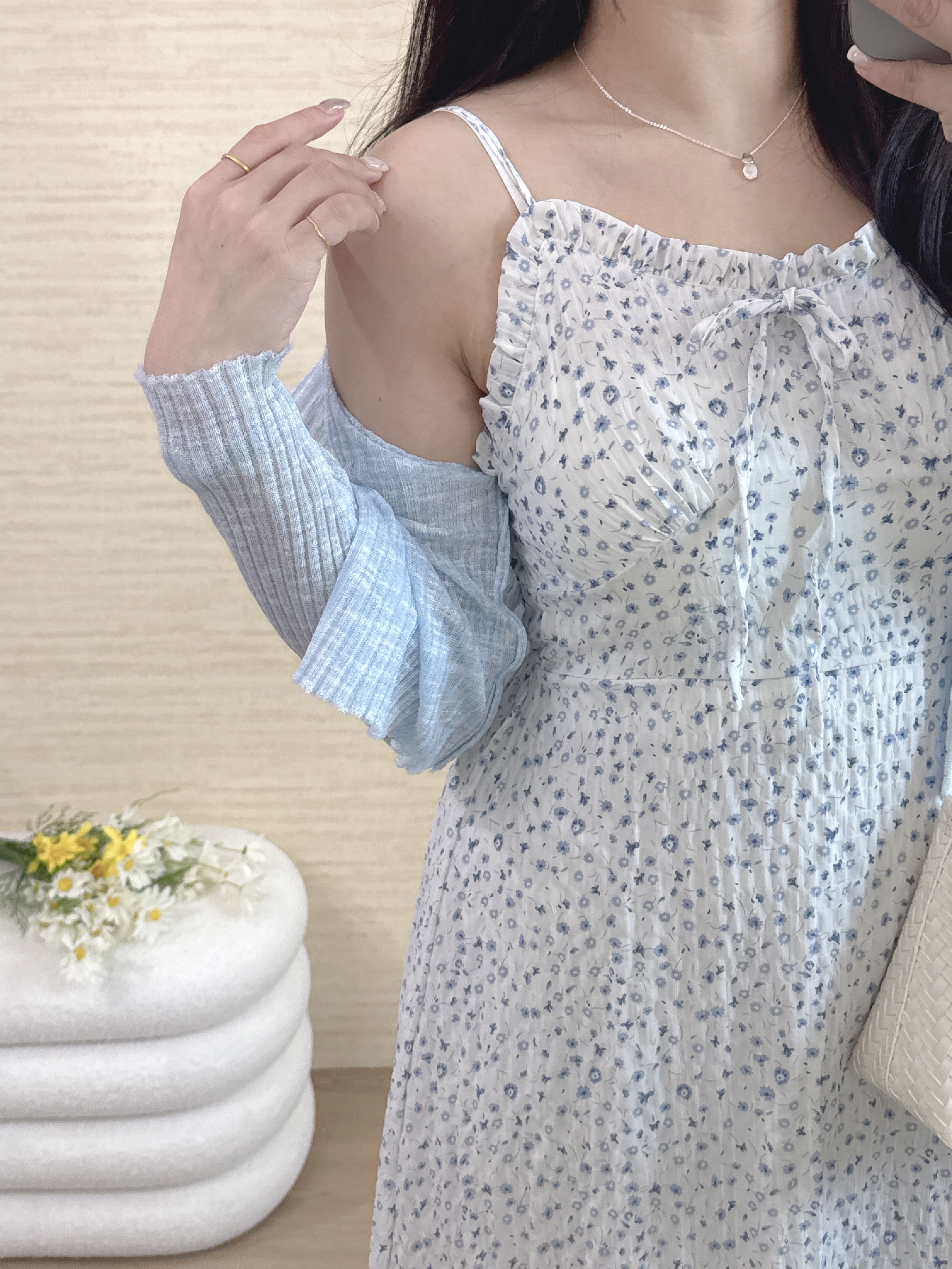 小清新藍色小花細肩洋裝