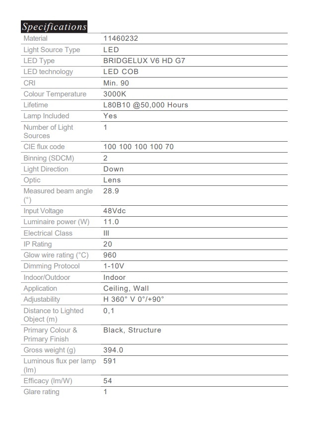 MODULAR 11460232 小軌道 48V 可調 BLACK 1X LED 3000K 中等光束角度 1-10V DIM