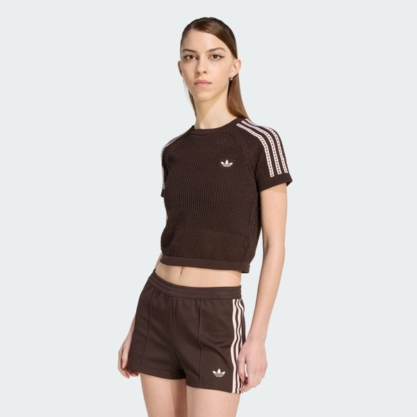 Adidas 愛迪達 Crochet Tee KC6480 女 休閒短袖 咖啡 鉤織 短版