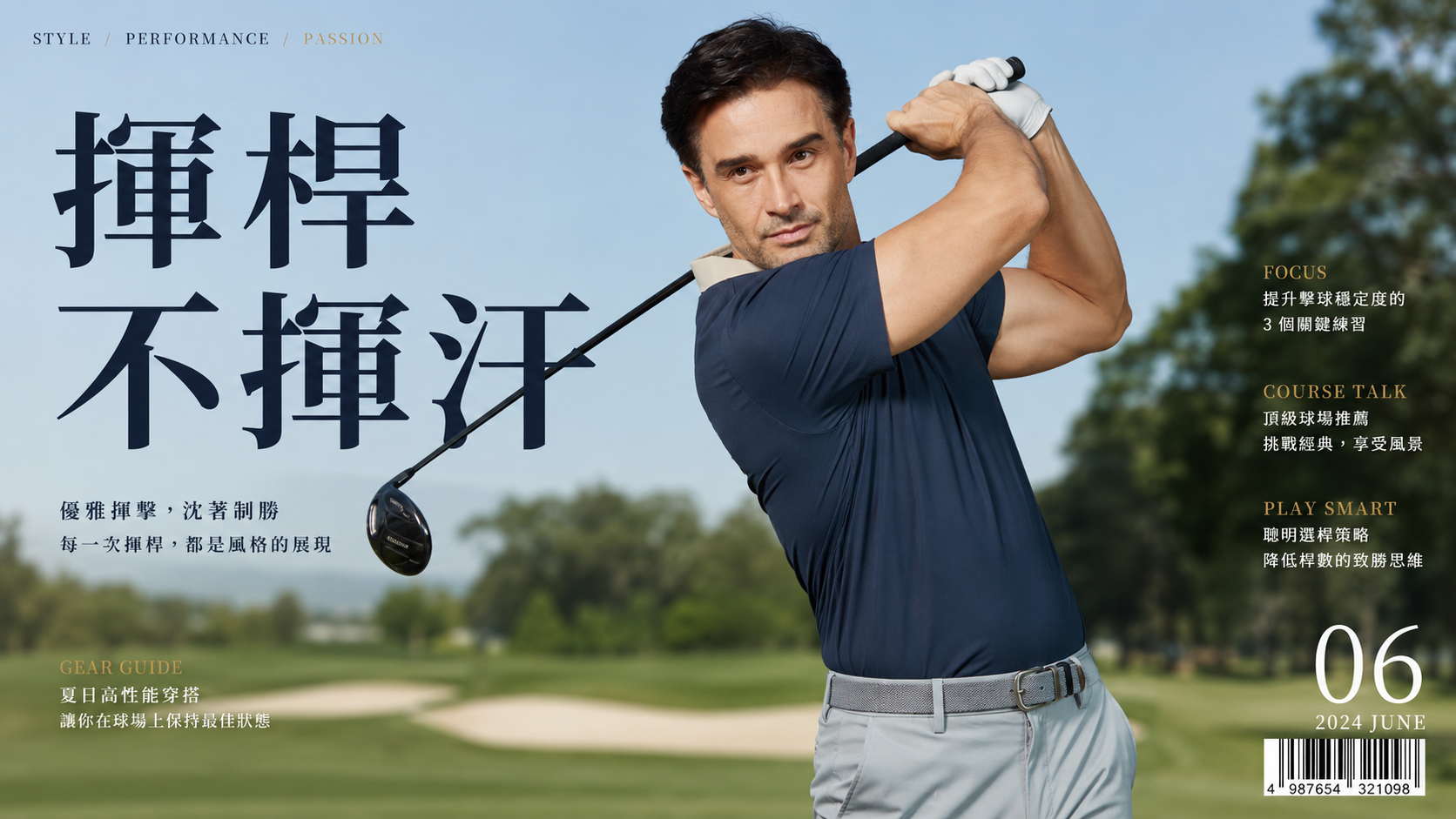 男士高爾夫機能 POLO 穿搭形象，高爾夫球手於球場揮桿，展現涼感、透氣與舒適不黏身的穿著特性，雜誌封面主題為「揮桿不揮汗」。