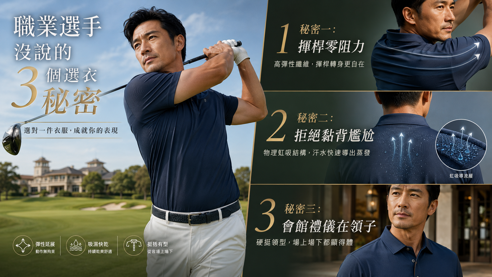 職業選手沒說的 3 個選衣秘密：高爾夫球手穿著深藍 POLO 衫揮桿，畫面呈現揮桿零阻力、拒絕黏背尷尬與硬挺領型三大機能穿搭重點。