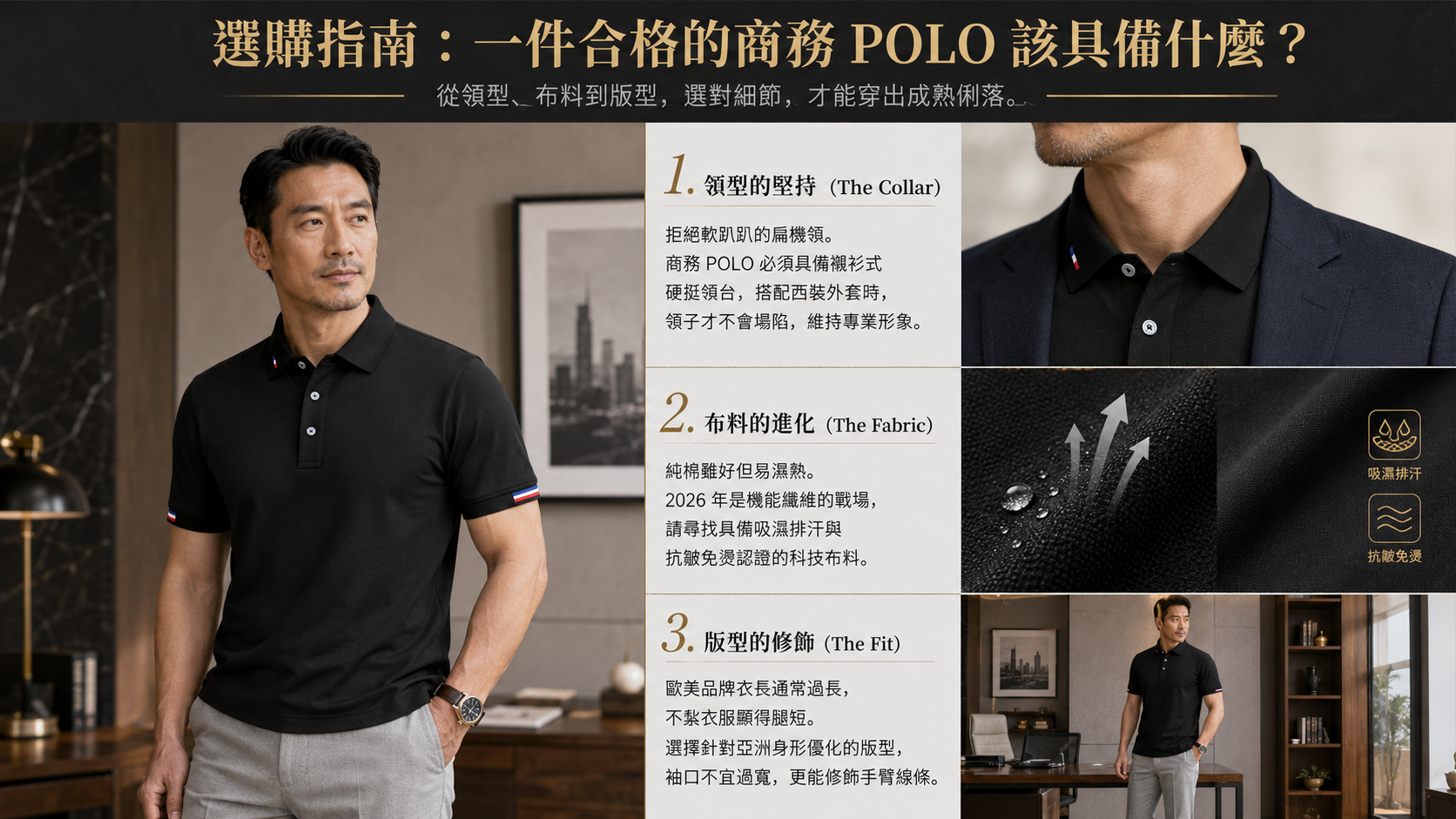 選購指南：成熟男士穿著黑色商務 POLO 衫，展示硬挺襯衫式領型、吸濕排汗抗皺布料與修飾亞洲身形的俐落版型。