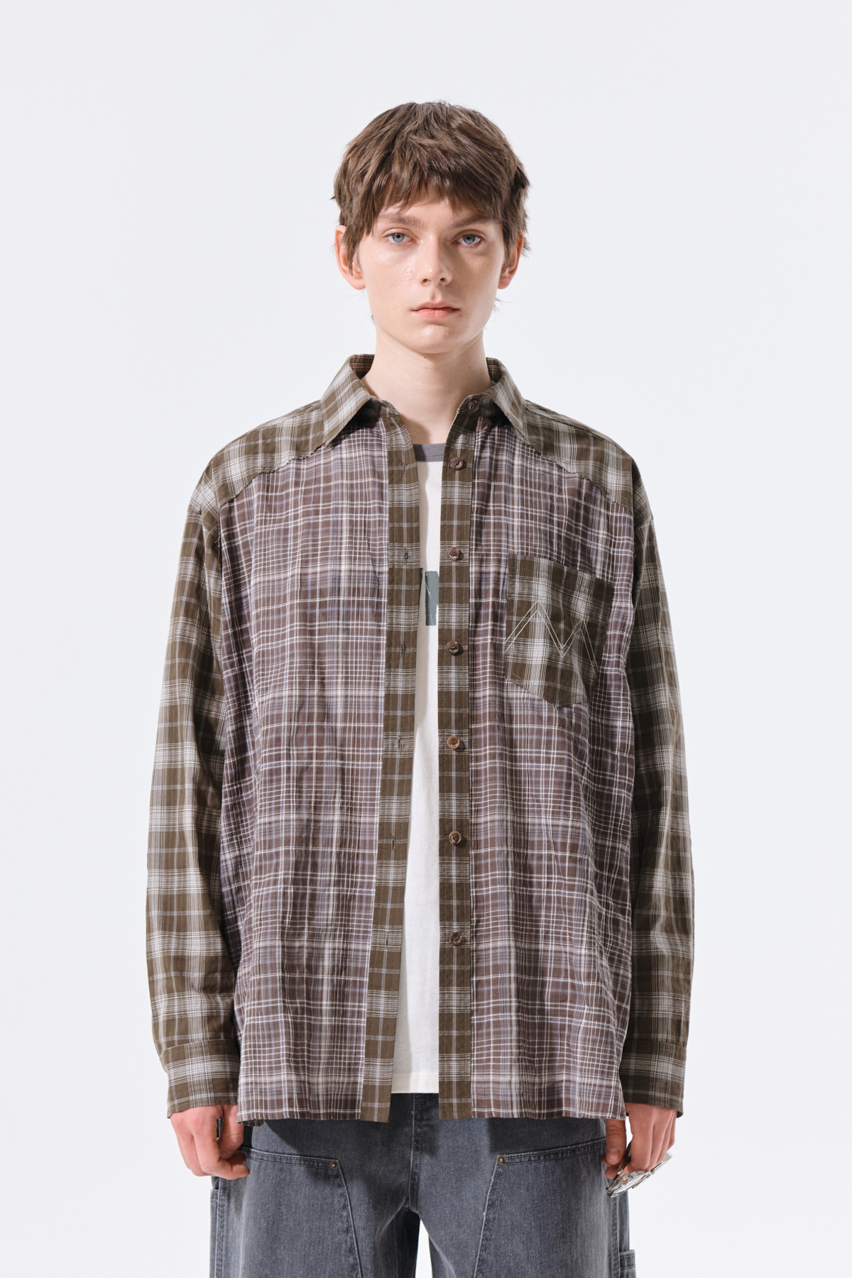 MIXED CHECK OVER FIT SHIRT IN BROWN