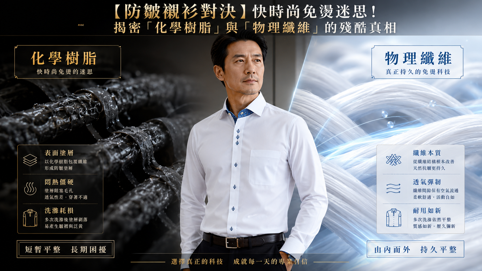 防皺襯衫對決形象圖,成熟男士穿著白色商務襯衫,畫面對比化學樹脂塗層與物理纖維防皺技術,展現透氣、彈韌與持久平整的差異。