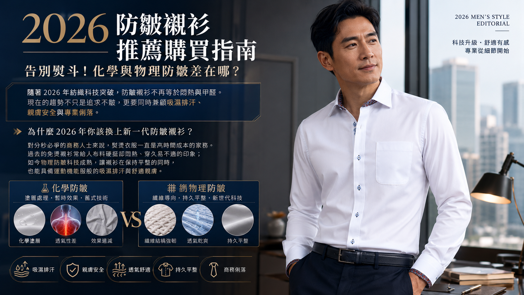 2026 防皺襯衫購買指南,成熟男士穿著白色商務襯衫站在辦公室場景中,畫面比較化學防皺與物理防皺技術,強調吸濕排汗、親膚安全、透氣舒適與持久平整。