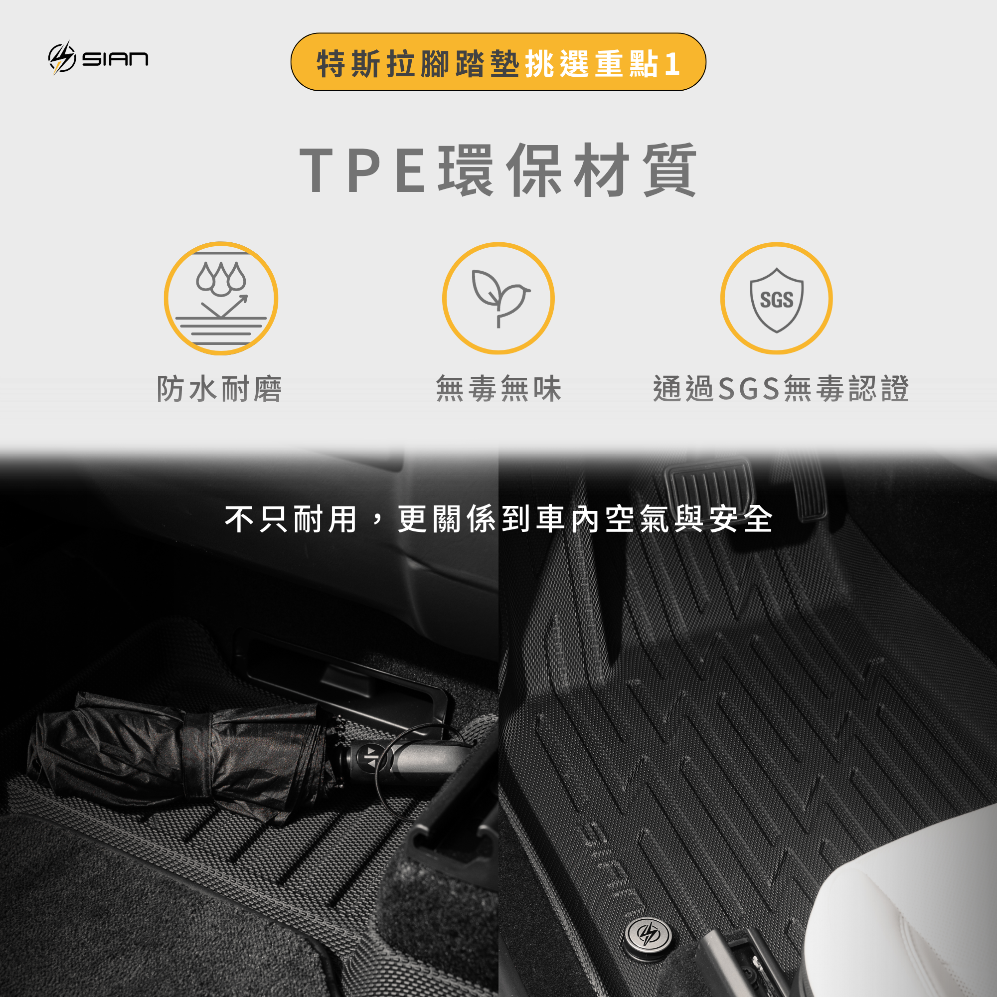 特斯拉腳踏墊推薦-TPE 環保材質，防水耐磨SGS 無毒認證