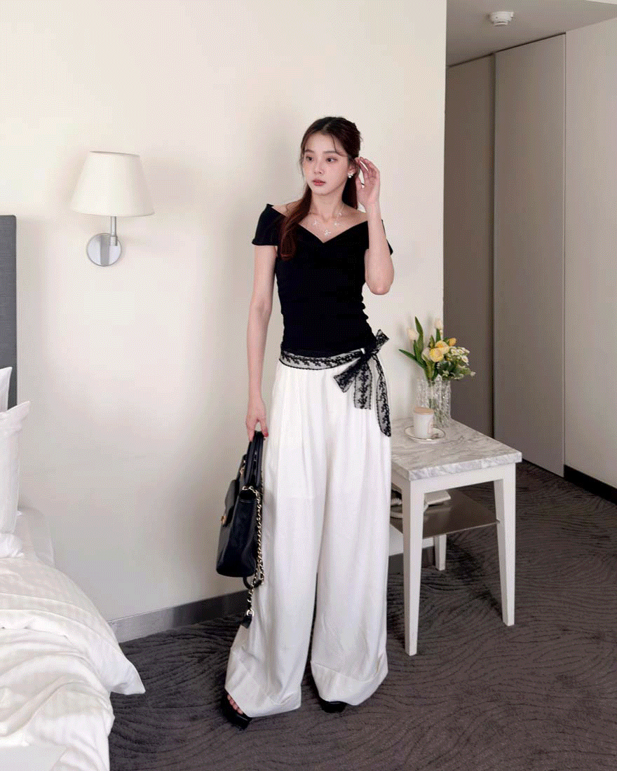 LINA LINA韓妞方程式純色打褶藏肉寬褲-米杏S-L