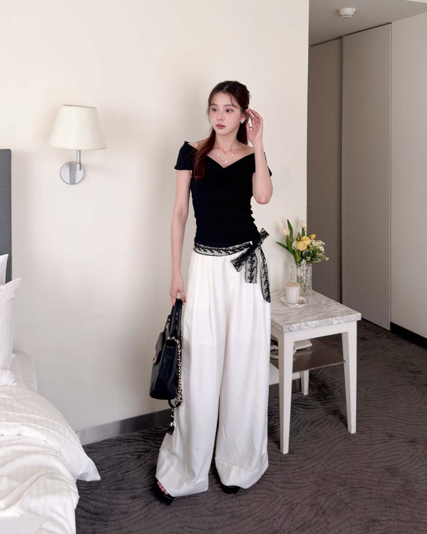 LINA LINA韓妞方程式純色打褶藏肉寬褲-米杏S-L