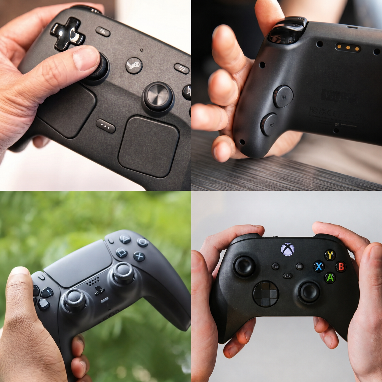 Claude responded: 四款主流遊戲手把握持實拍對比，左上為 Steam Controller 2 代正面與觸控板特寫，右上為背面背鍵與充電接點，左下為 PS5 DualSense Edge，右下為 Xbox Series 無線手把。四款主流遊戲手把握持實拍對比，左上為 Steam Controller 2 代正面與觸控板特寫，右上為背面背鍵與充電接點，左下為 PS5 DualSense Edge，右下為 Xbox Series 無線手把。