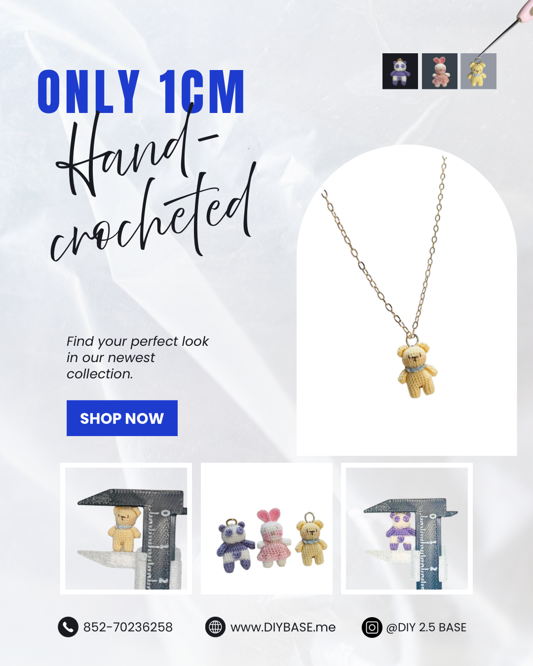 【Micro-Crochet】 1CM 100% Hand-Crocheted Mini Animal Charm Necklace (Teddy Bear / Bunny / Panda)