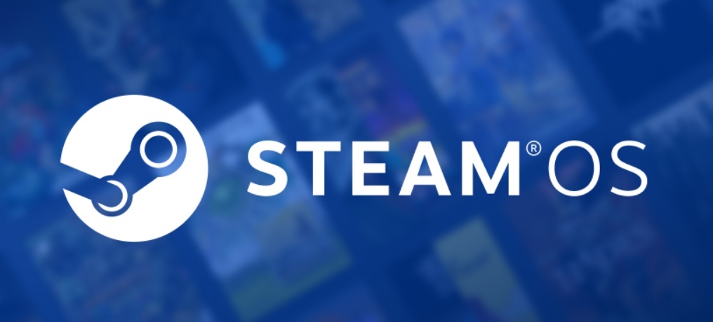 SteamOS 官方標誌圖，藍色背景搭配模糊遊戲封面，前景為白色 Steam 圓形 Logo 與「STEAM OS」字樣。