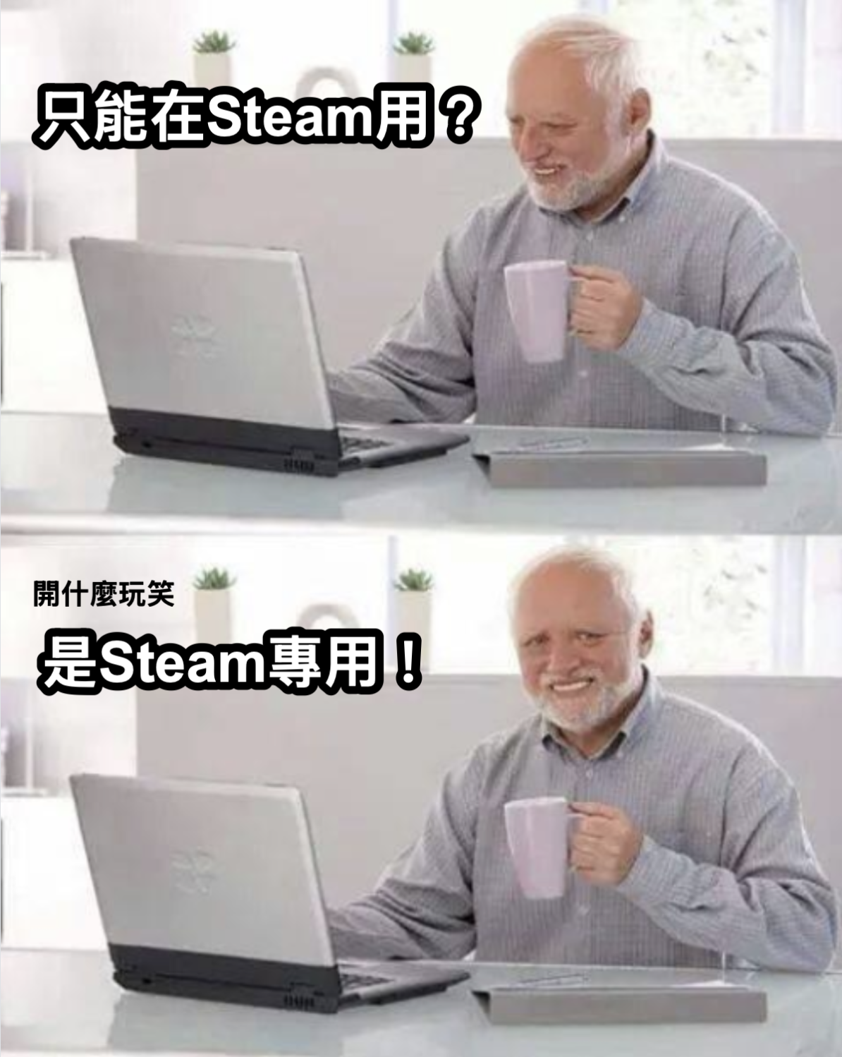 「Hide the Pain Harold」強顏歡笑老人迷因，上方字幕「只能在 Steam 用？」、下方接「開什麼玩笑，是 Steam 專用！」