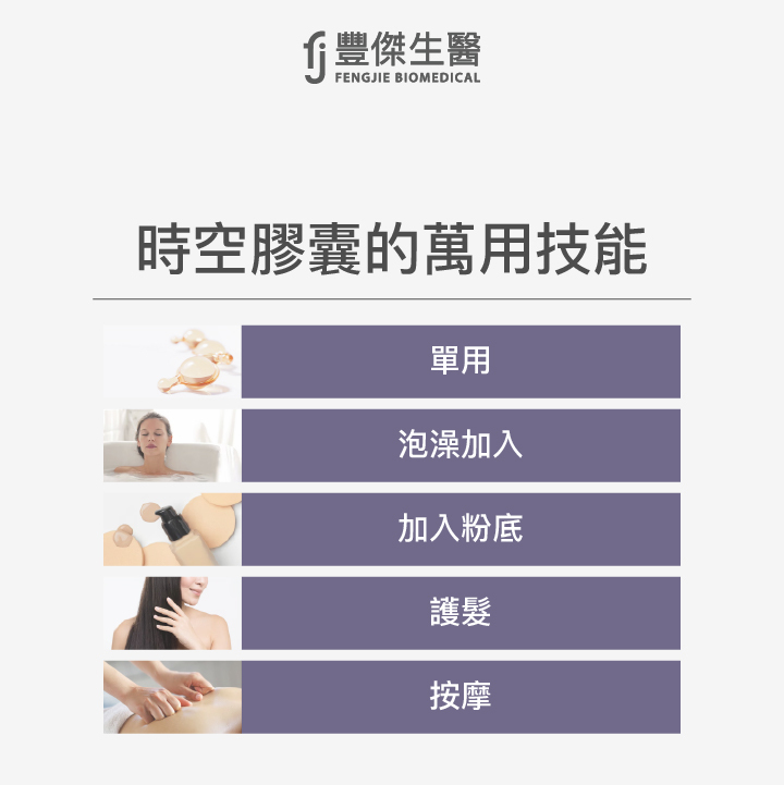 時空膠囊的萬用技能：單用、泡澡時加入、加入粉底中、護髮使用、肌膚按摩使用