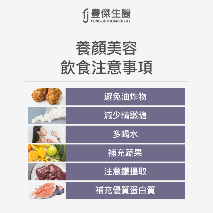 肌膚健康維持飲食注意事項：避免油炸物、減少精緻糖、多喝水、補充蔬果、注意鐵攝取