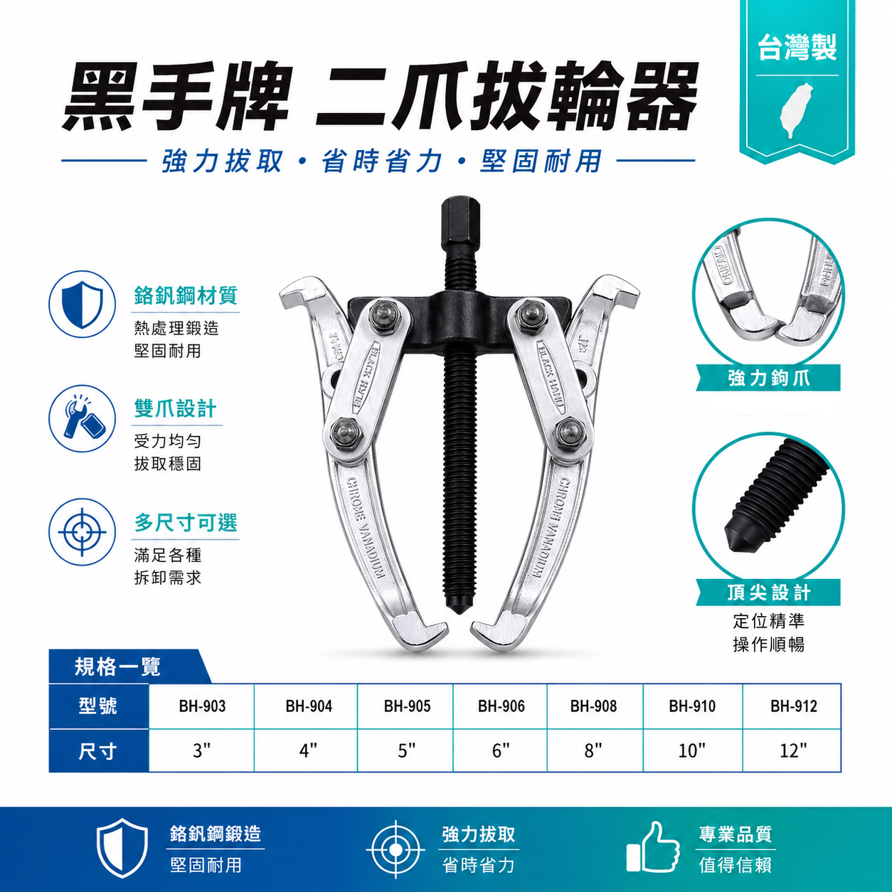台灣製 BLACK HAND  黑手牌｜3" 4" 5" 6" 8" 二爪軸承拔輪器 軸承拔取器 二爪 2爪拔輪器 兩爪拔取器