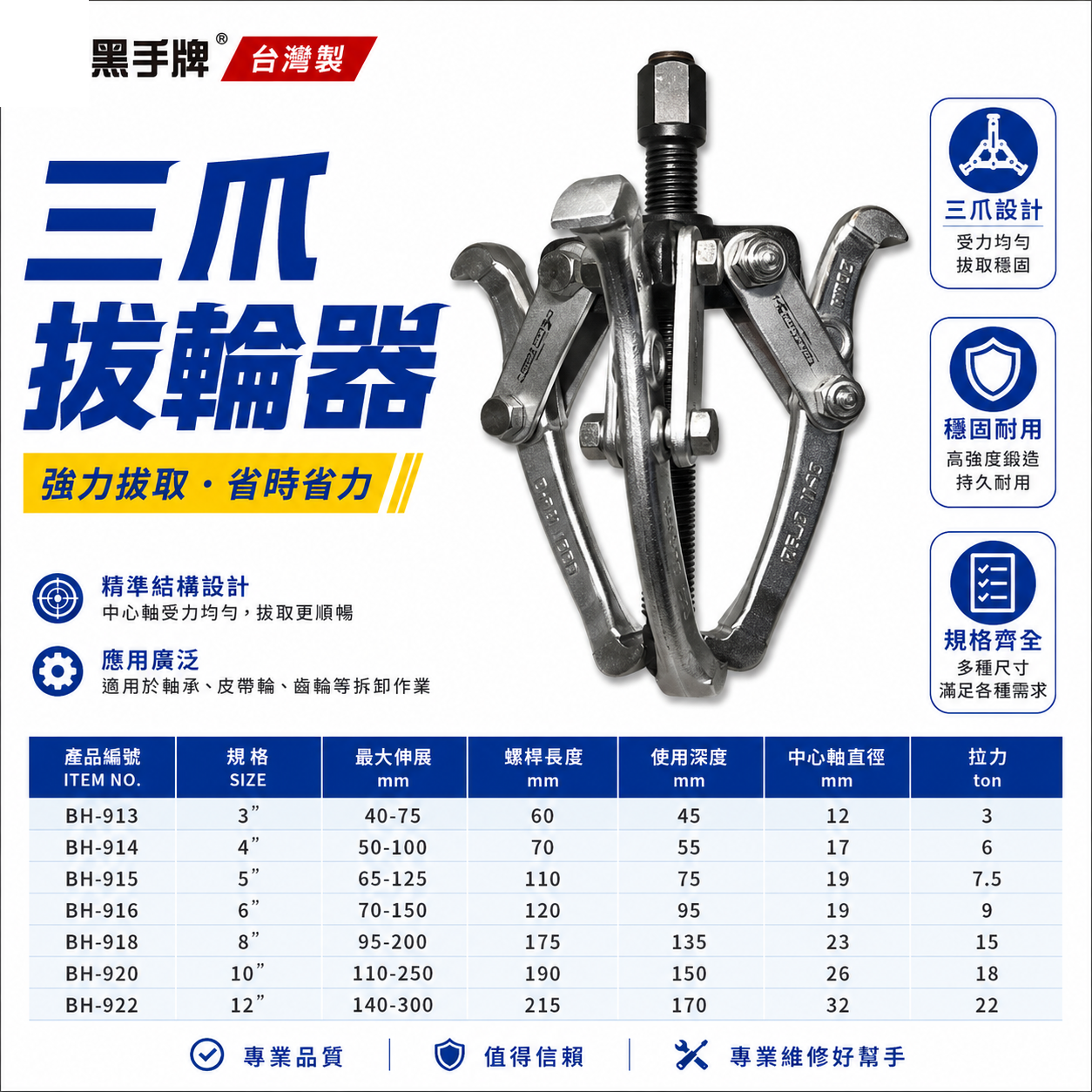 台灣製 黑手牌｜3" 4" 5" 6" 8" 三爪軸承拔輪器 軸承拔取器 三爪拔輪器 3爪拔輪器 3爪拔取器