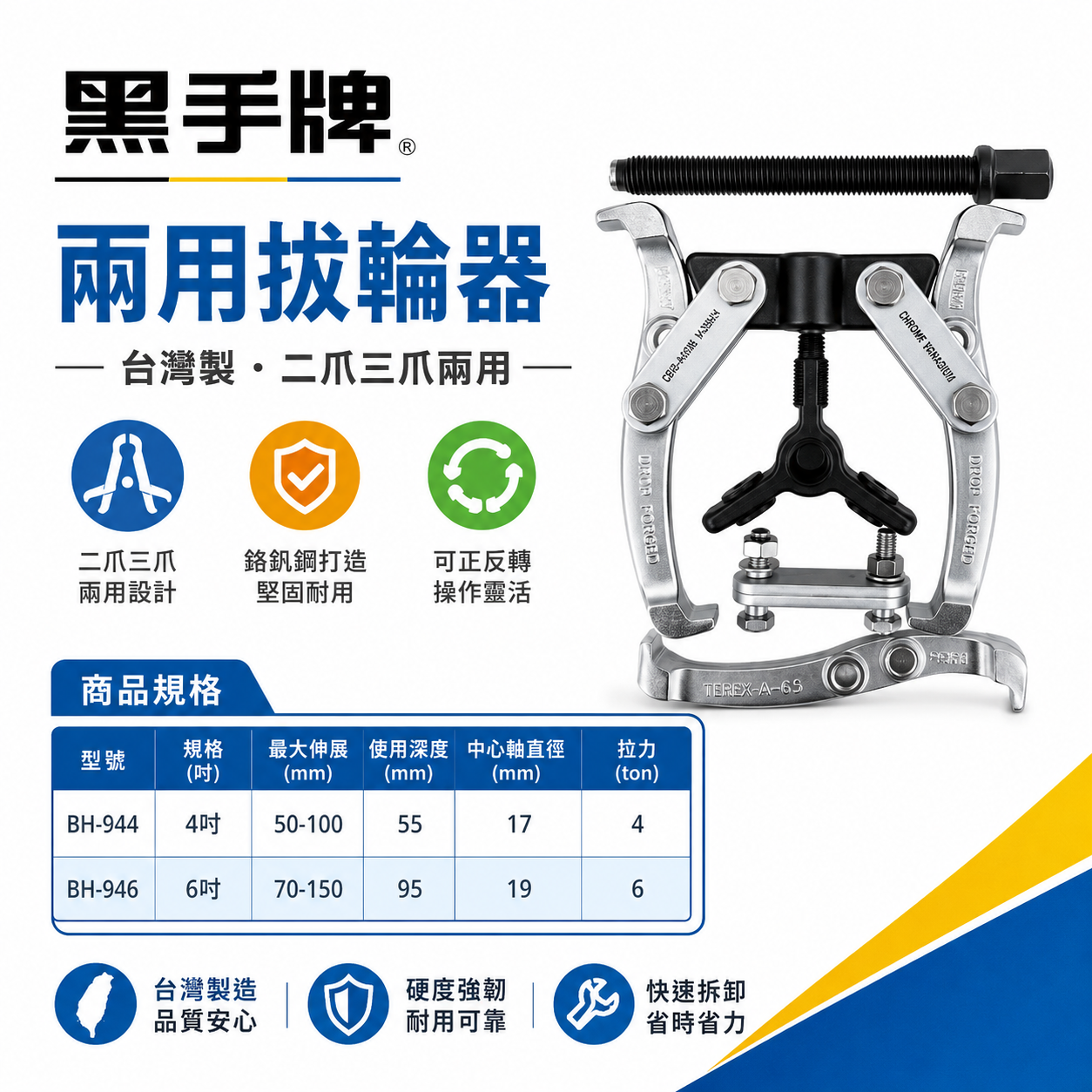 黑手牌｜4" 6" 二爪 三爪 兩用型拔輪器 兩爪 拔輪器 軸承拔取器｜BH-944｜BH-946｜台灣製