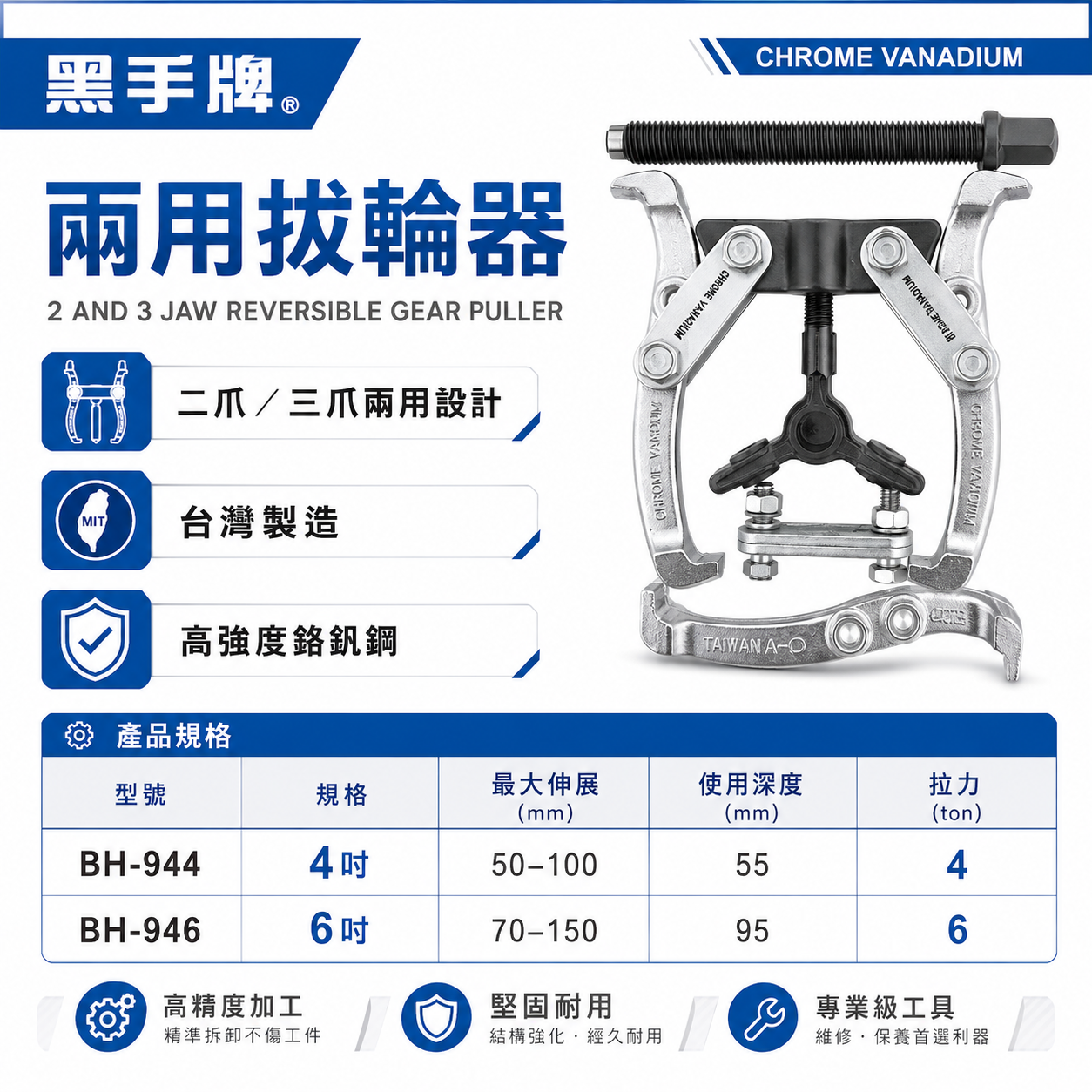 黑手牌｜4" 6" 二爪 三爪 兩用型拔輪器 兩爪 拔輪器 軸承拔取器｜BH-944｜BH-946｜台灣製