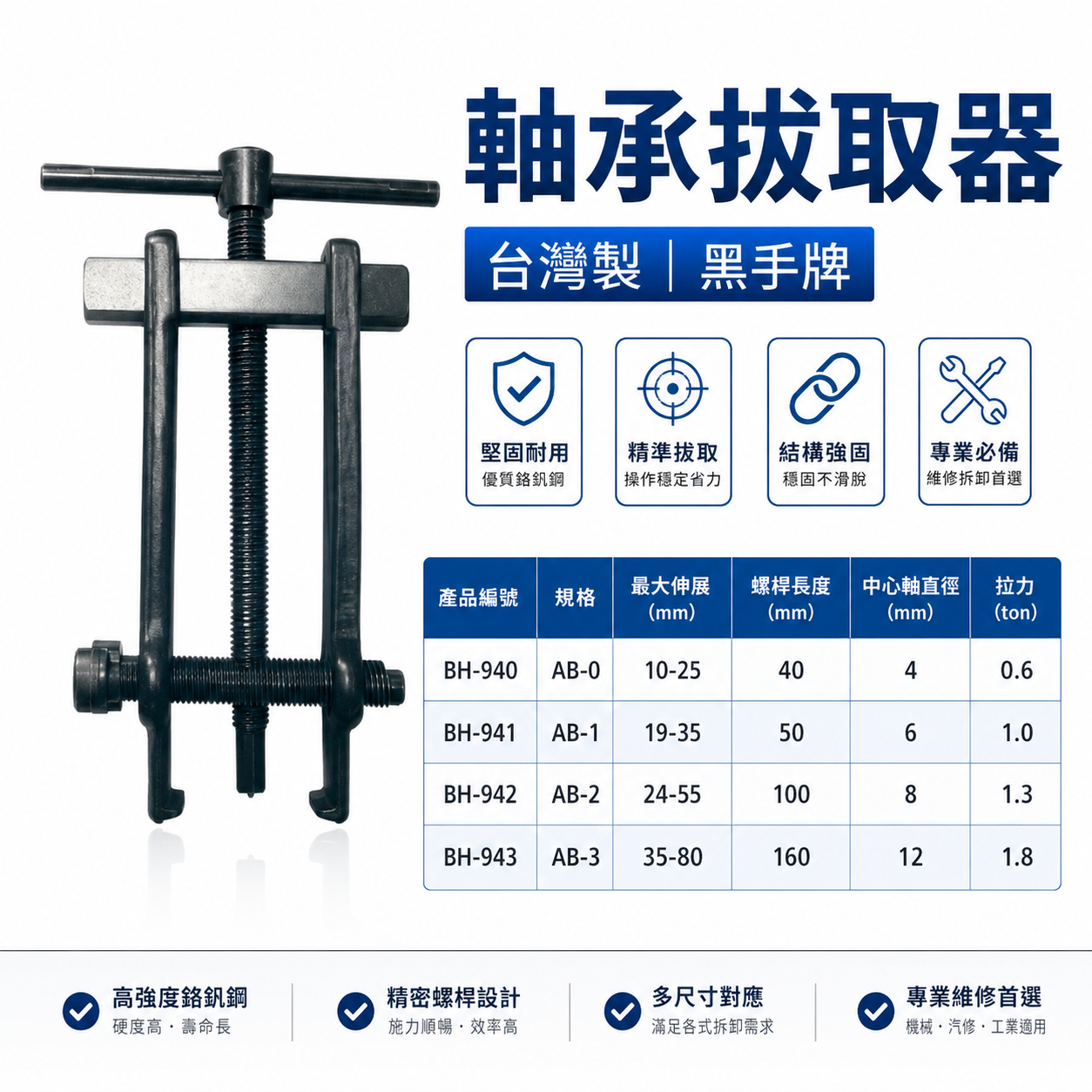 黑手牌｜軸承拔輪器 培林軸承拔輪器 培林拔取器 軸承拔取器｜AB-0｜AB-1｜AB-2｜AB-3｜台灣製