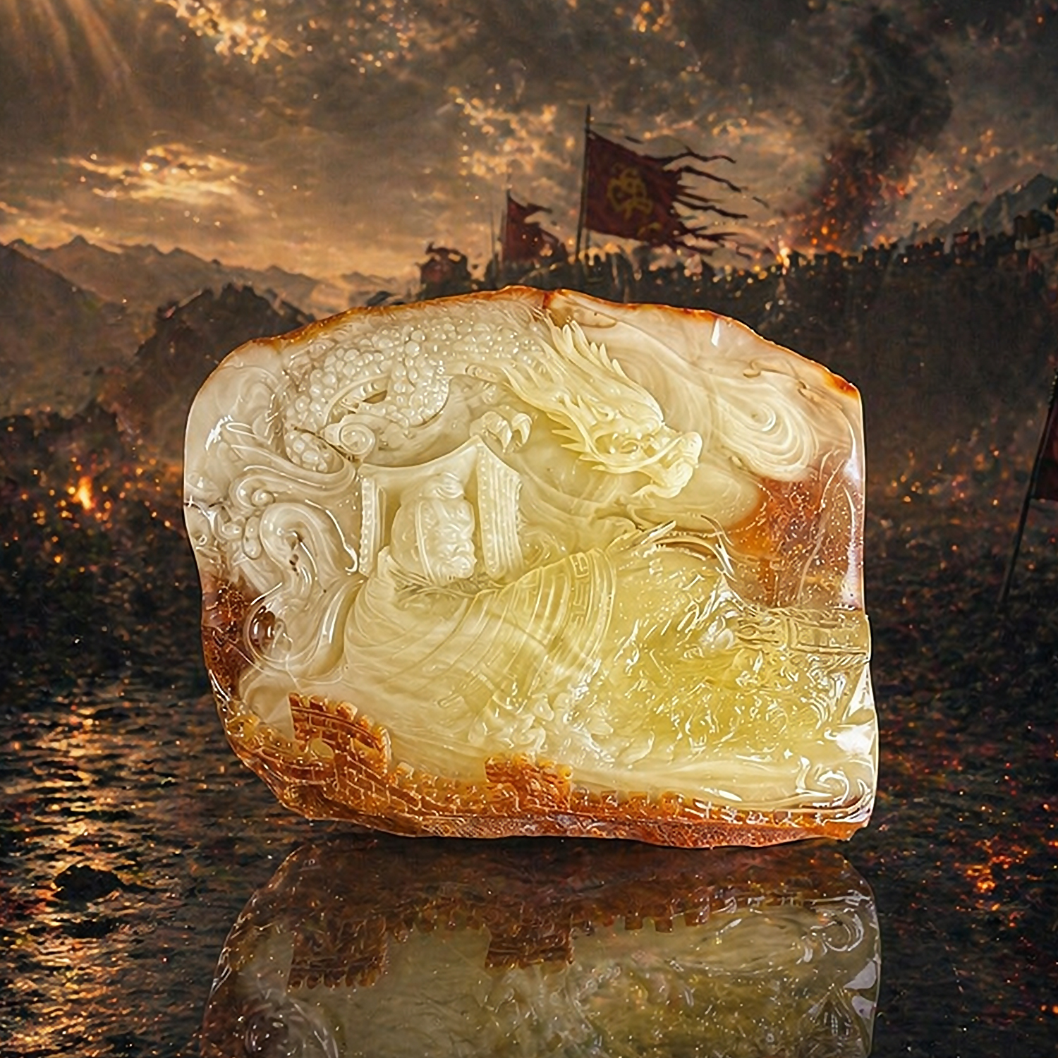【騰彪琥珀】天然金絞白蜜蠟 龍圖霸業秦始皇 贏政一統山河擺件 氧化老料精雕長城 案頭館藏孤品 帝王氣場 高品質收藏級