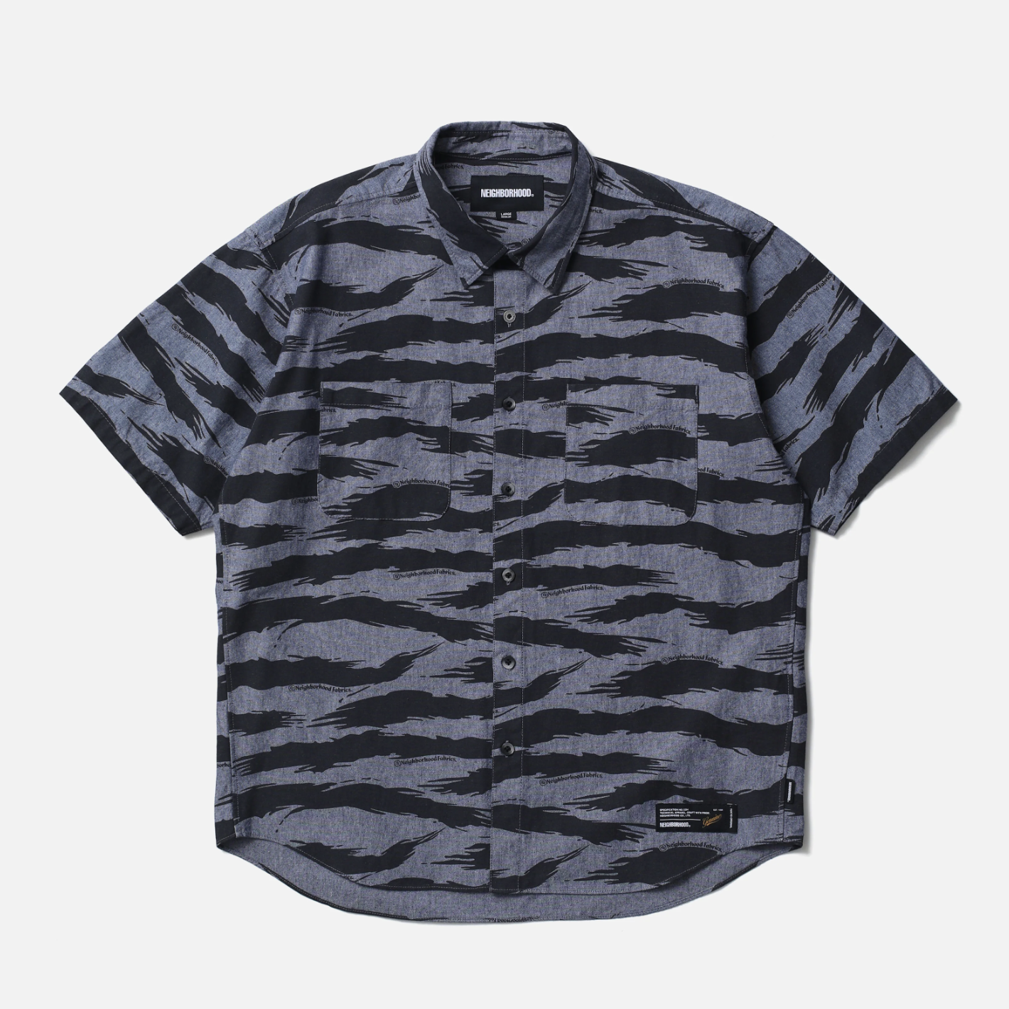 -(B3b03)-NEIGHBORHOOD  CAMO PATTERN CHAMBRAY SHIRT SS 虎紋 迷彩 短袖 襯衫 黑色/單寧 -261TSNH-SHM11