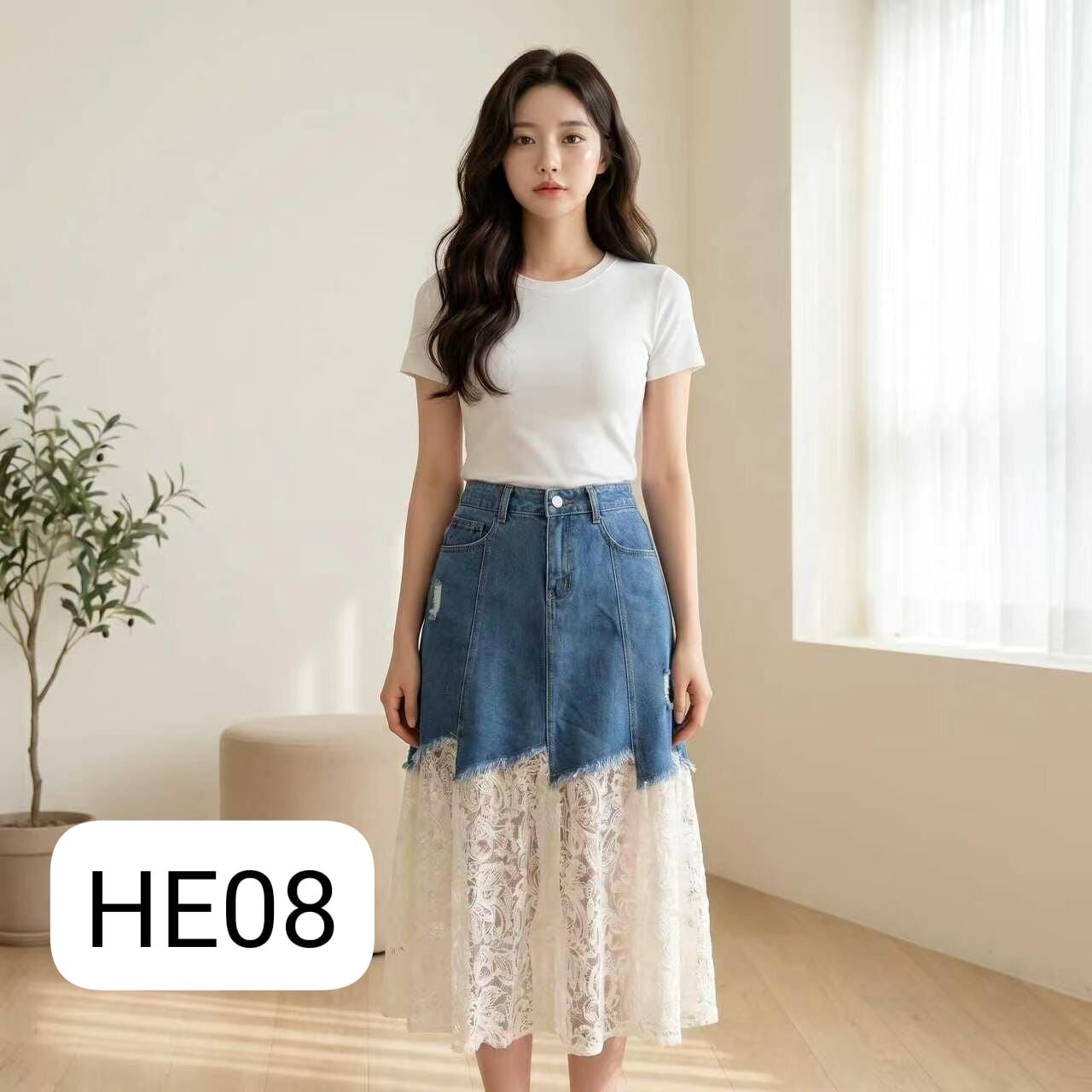 HE08 牛仔lace裙 腰S:26 /M:28 /L:30 長30 $309