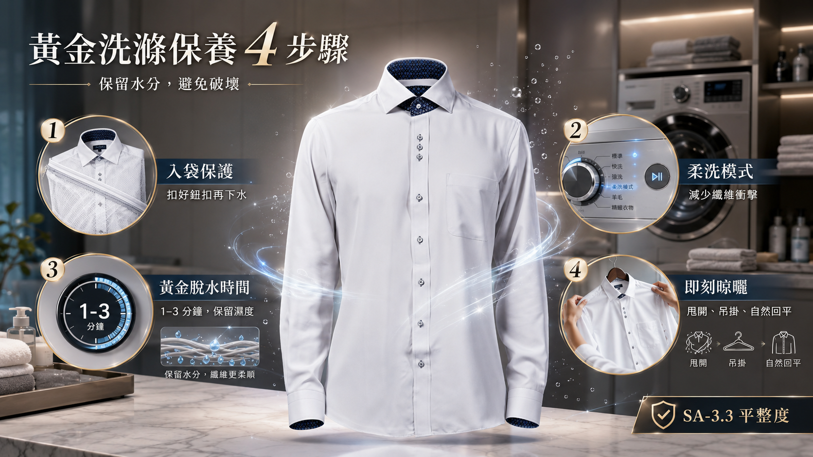 防皺襯衫黃金洗滌保養 4 步驟圖解，展示白色商務襯衫的入袋保護、柔洗模式、1 到 3 分鐘脫水，以及即刻晾曬保養流程，強調保留水分、避免破壞與 SA-3.3 平整度。