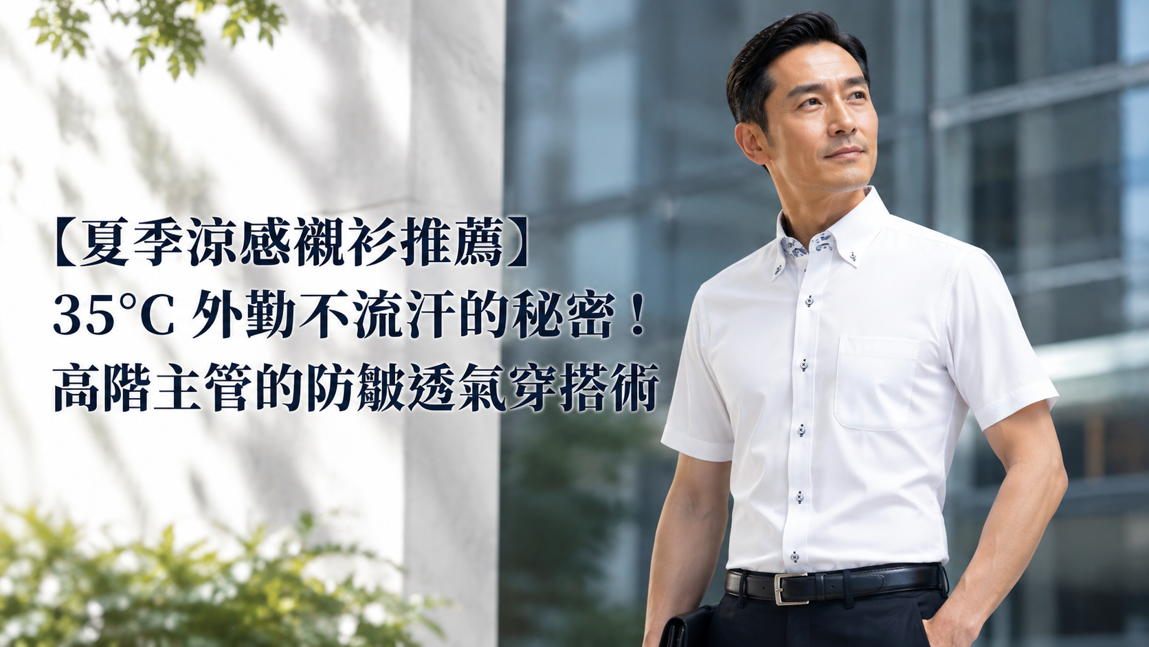夏季涼感襯衫推薦形象圖，成熟男士穿著白色短袖商務襯衫站在戶外商務場景中，呈現 35°C 外勤仍能保持乾爽、透氣、防皺與專業俐落的穿搭效果。