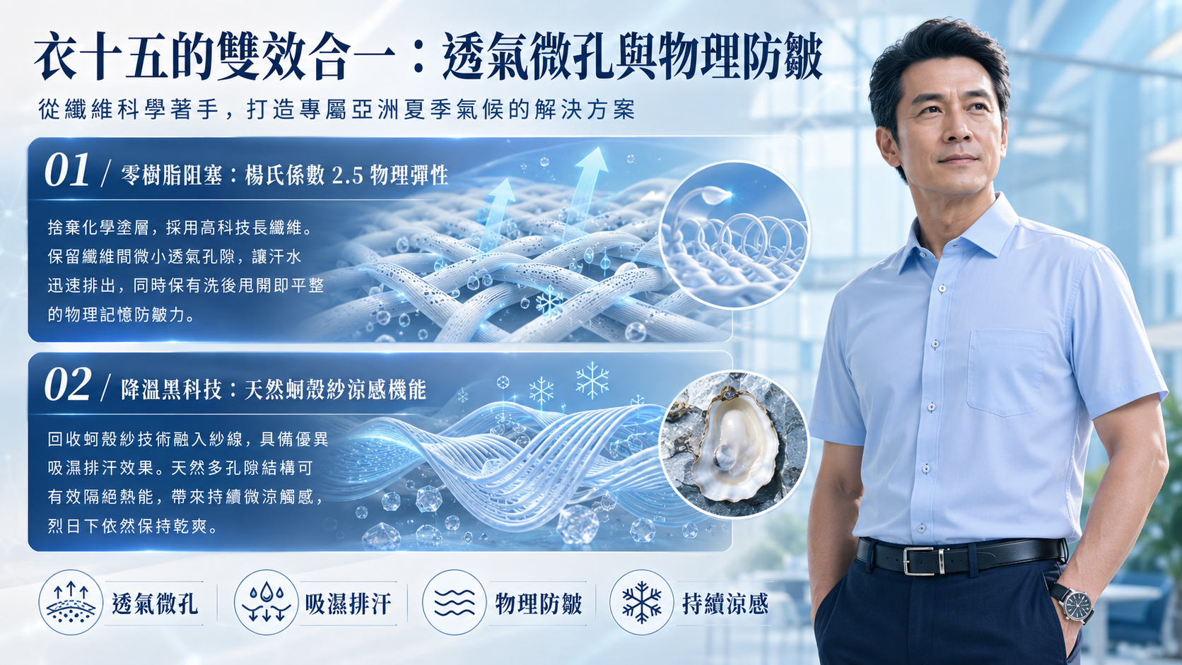 衣十五雙效機能說明圖，成熟男士穿著淺藍色短袖商務襯衫，畫面介紹透氣微孔與物理防皺兩大科技，並說明零樹脂阻塞、吸濕排汗、天然蚵殼紗涼感與持續乾爽的機能特性。