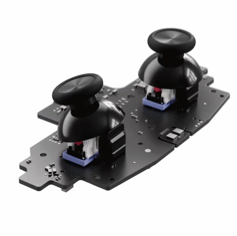 Steam Controller 2 代雙搖桿模組拆解圖，電路板上裝有兩顆可拆換搖桿，清晰呈現藍色磁性感測器與紅色機械開關結構。