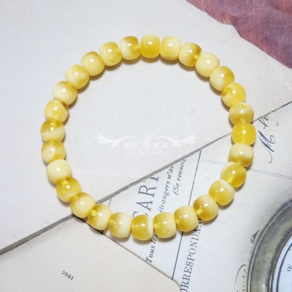 【騰彪琥珀】天然金絞白花蜜蠟鼓形手鍊 8+mm 聚寶盆紋路 附公司保卡/可代送鑑定 避邪守護 蜜蠟原石 圓滿寓意