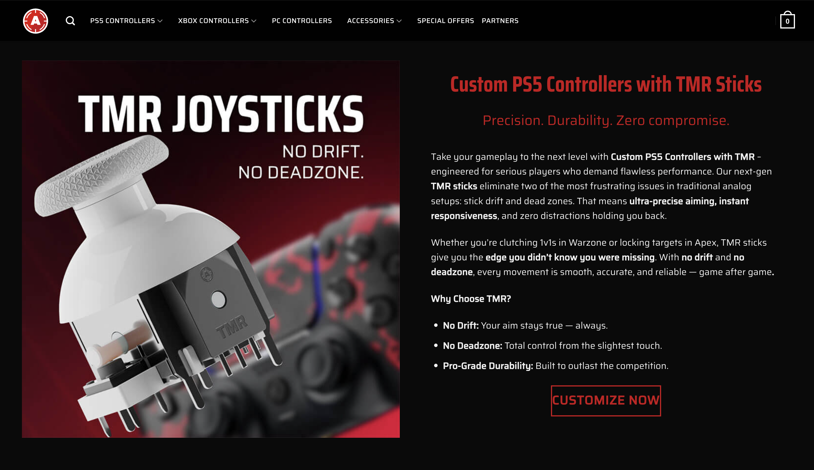 Claude responded: AimControllers 官網截圖，主打「TMR Joysticks — No Drift.AimControllers 官網截圖，主打「TMR Joysticks — No Drift. No Deadzone.」的客製化 PS5 手把搖桿升級方案，左側為 TMR 搖桿模組結構特寫，右側說明消除漂移與死區的技術優勢