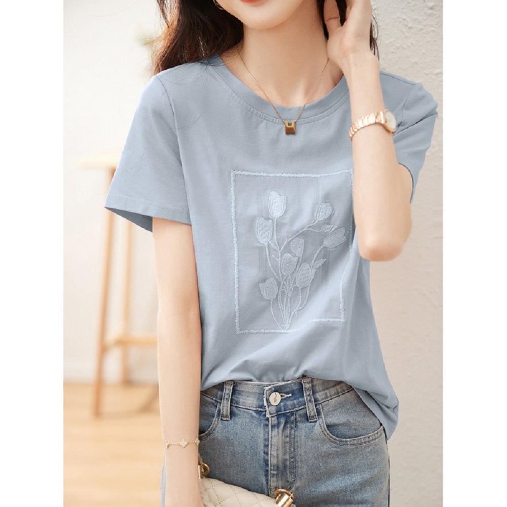 【ASister 小姊姊】AS2495#女裝｜上衣☆*立體刺繡花*T恤(藍色 S-3XL)