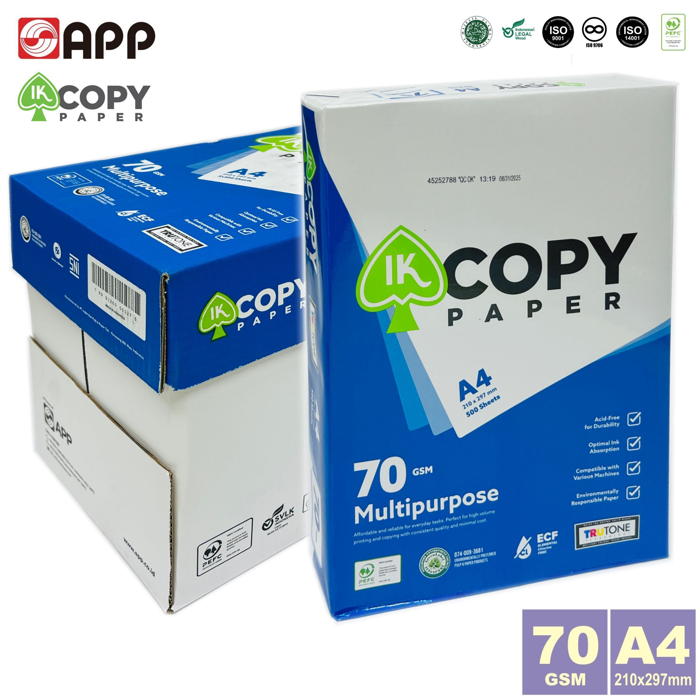 [Full Box] 70gsm A4 "IK COPY" White Copy Paper (2,500 sheets) 5 packs