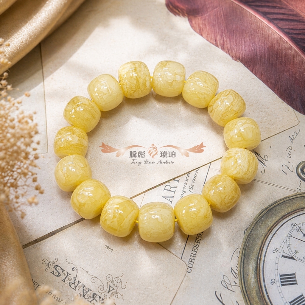 【騰彪琥珀】天然飄花蜜蠟鼓形手鍊 16+mm 細膩小虎皮紋 飽滿大珠徑 附公司保證卡 可代送鑑定 溫潤大氣 典藏質感禮物