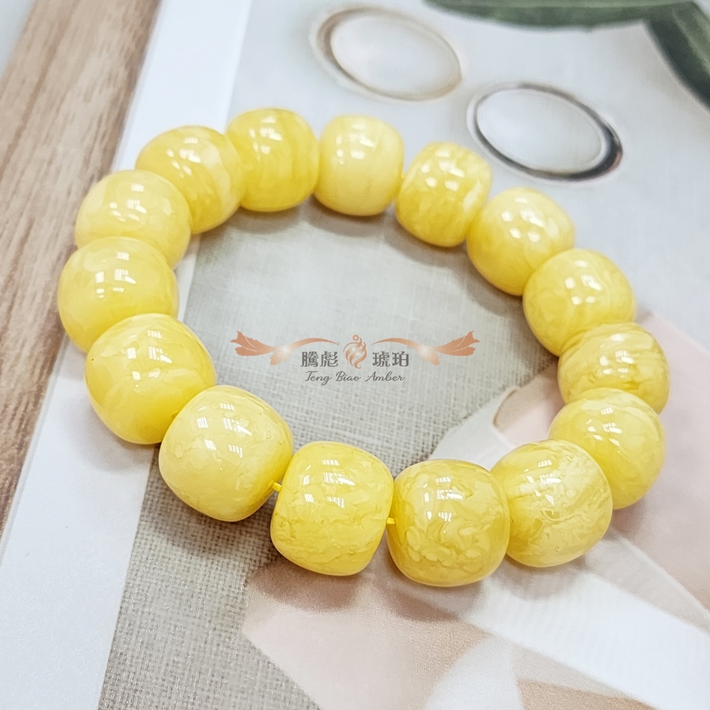 【騰彪琥珀】天然飄花蜜蠟鼓形手鍊 16+mm 細膩小虎皮紋 飽滿大珠徑 附公司保證卡 可代送鑑定 溫潤大氣 典藏質感禮物