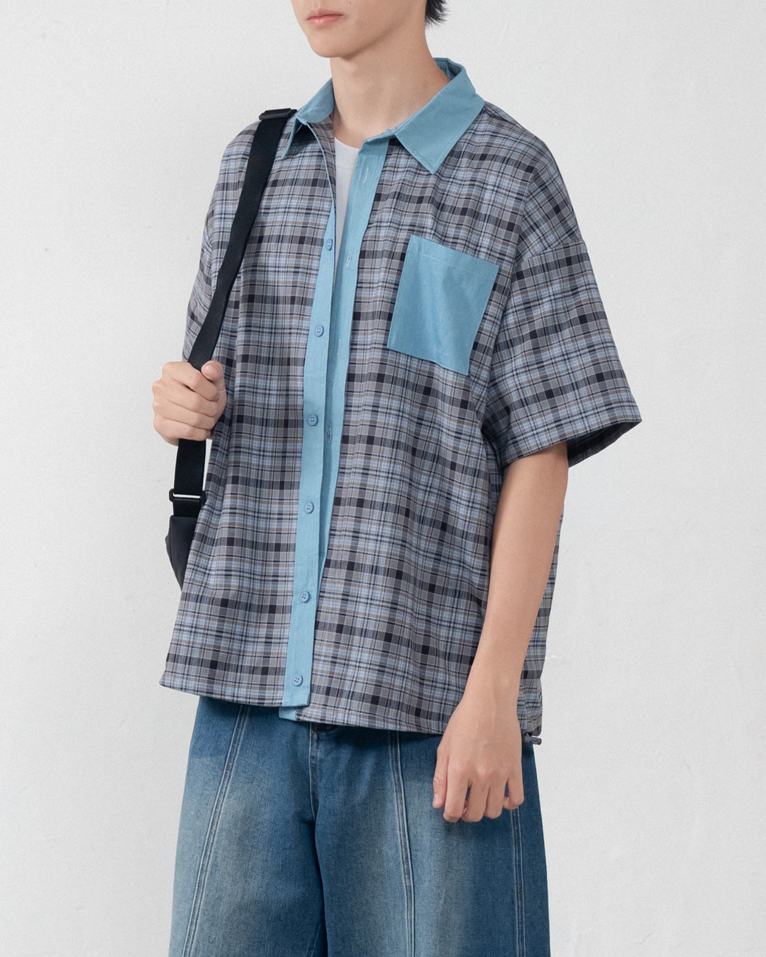 Denim collar plaid oversized shirt, available in two colors, 1/2【01025806】in stock+pre-order