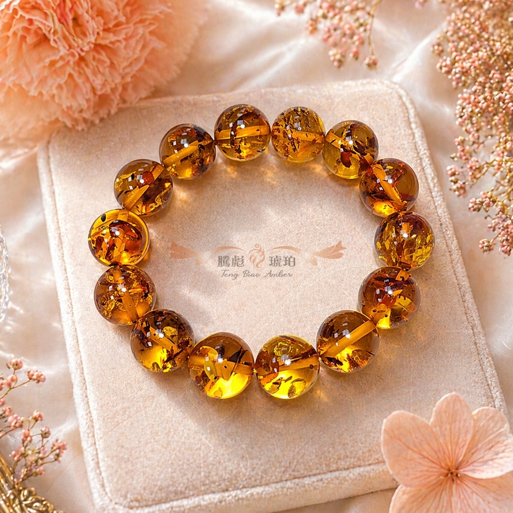 【騰彪琥珀】天然紅花琥珀手鍊 14+mm 紅艷爆花 楓丹流影 附公司保證卡 波羅的海原礦 收藏等級